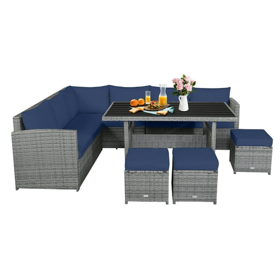 Patiojoy Outdoor Wicker Coversation Set, 7 Piece, with Navy Cushions