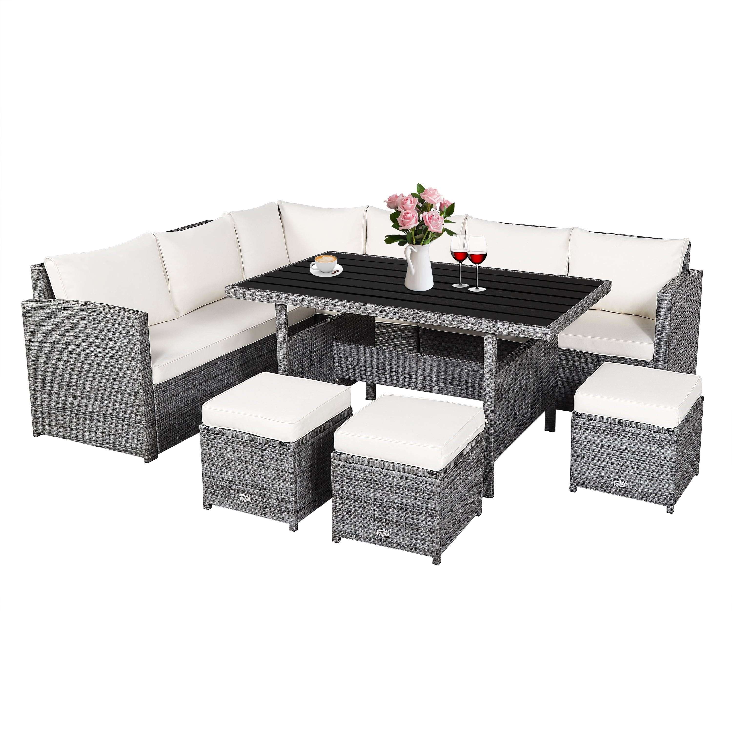 Patiojoy Outdoor Wicker Coversation Set, 7 Piece, with White Cushions