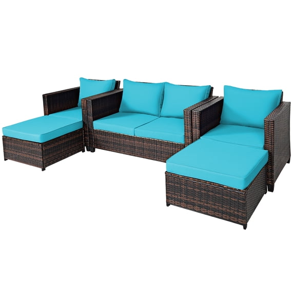 Patiojoy Outdoor Wicker Coversation Set with Removable Cushions Turquoise, 5 Piece