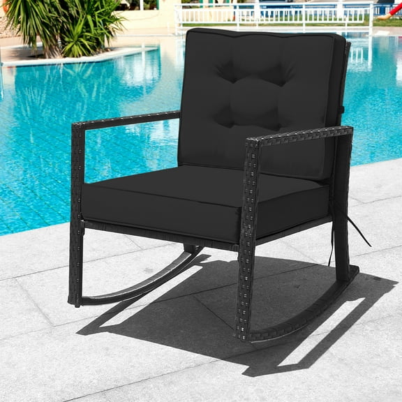 Patiojoy Outdoor Wicker Rocking Chair Glider Rattan Rocker Recliner with Black Cushion