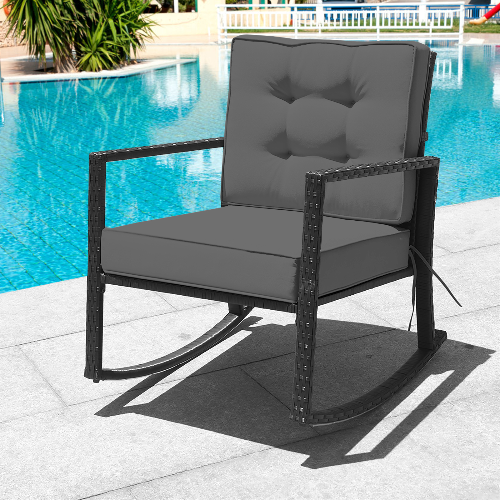 Patiojoy Outdoor Wicker Rocking Chair Glider Rattan Rocker Recliner with Grey Cushion - image 1 of 6