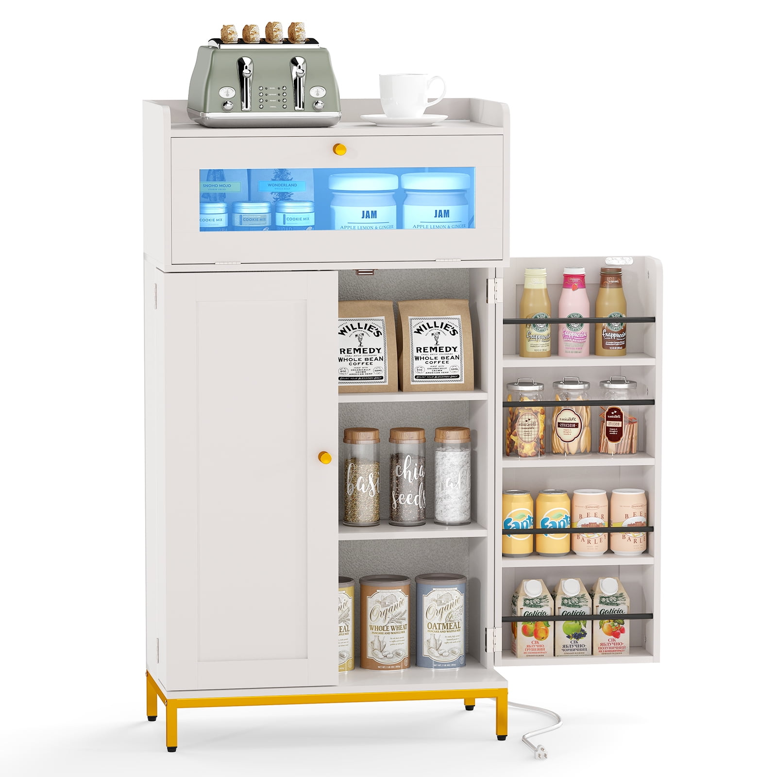 Patiojoy Pantry Cabinet w/Charging Station Kitchen Food Cabinet w/LED Light
