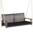 thumbnail image 1 of Patiojoy Patio 2-Person Loveseat Rattan Porch Hanging Swing Chair w/ Seat Cushion & Acacia Wood Armrests Black, 1 of 7