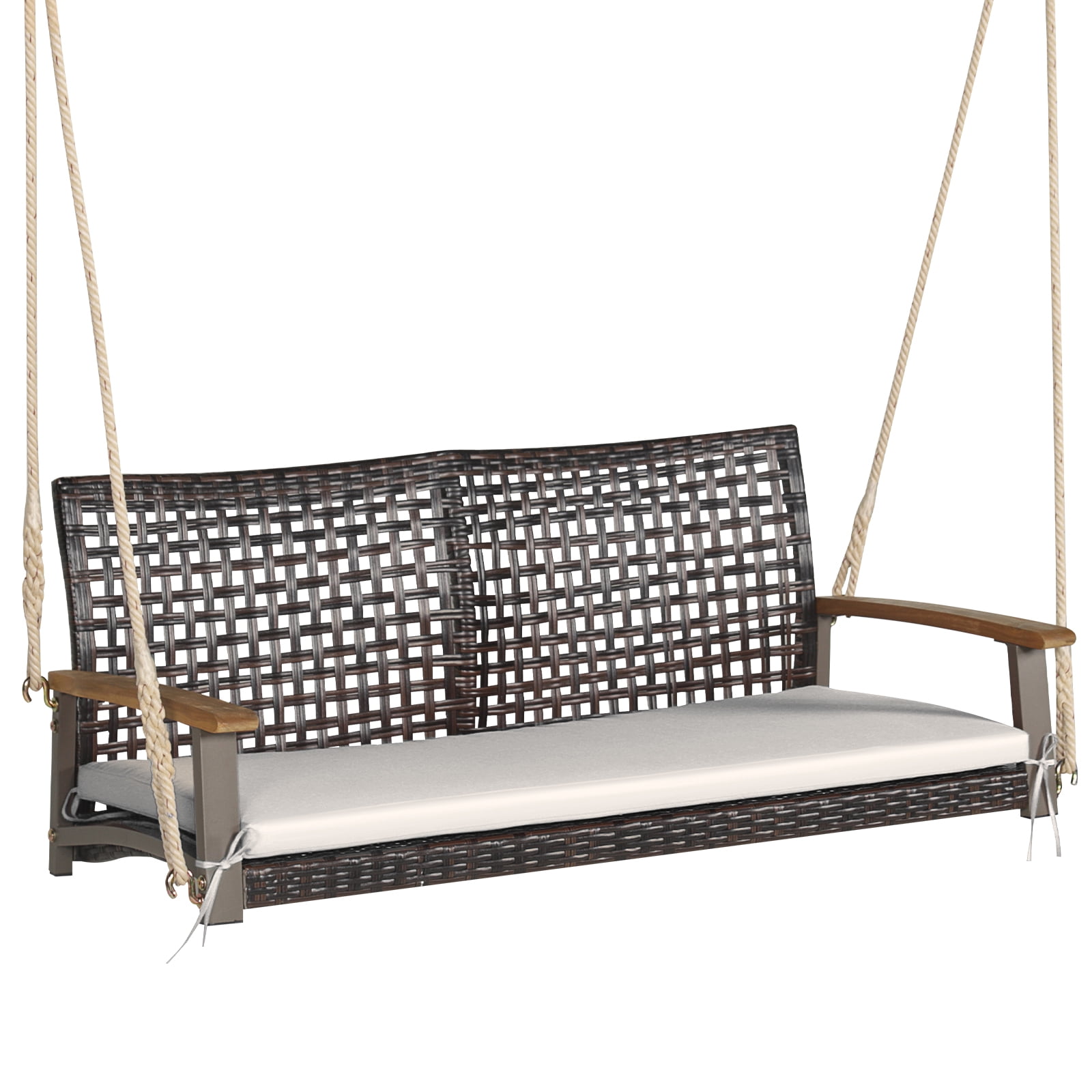 Off-White 2-Person Rattan Patio Swing with Cushion