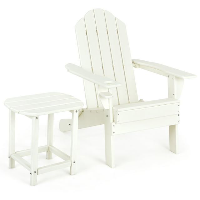 Patiojoy Patio 2PCS Adirondack Chair Side Table Set Outdoor Chair Set with End Table Weather Resistant Cup Holder for Backyard Garden White