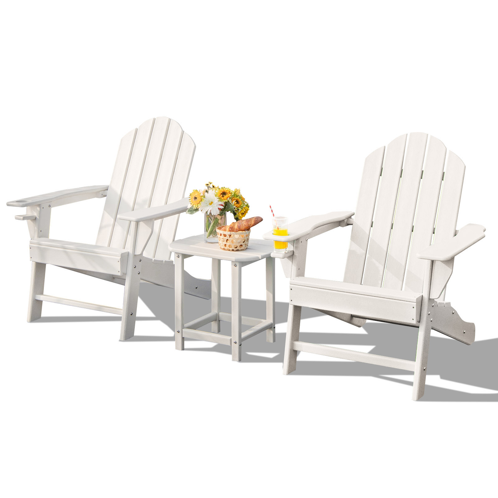 Patiojoy Patio 3PCS Adirondack Chair Side Table Set Outdoor Chair Set with End Table Weather Resistant Cup Holder for Backyard Garden White - image 1 of 7