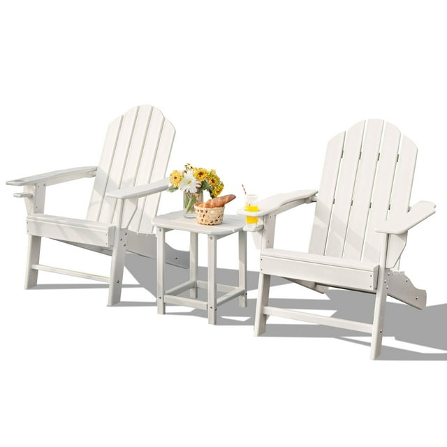 Patiojoy Patio 3PCS Adirondack Chair Side Table Set Outdoor Chair Set with End Table Weather Resistant Cup Holder for Backyard Garden White