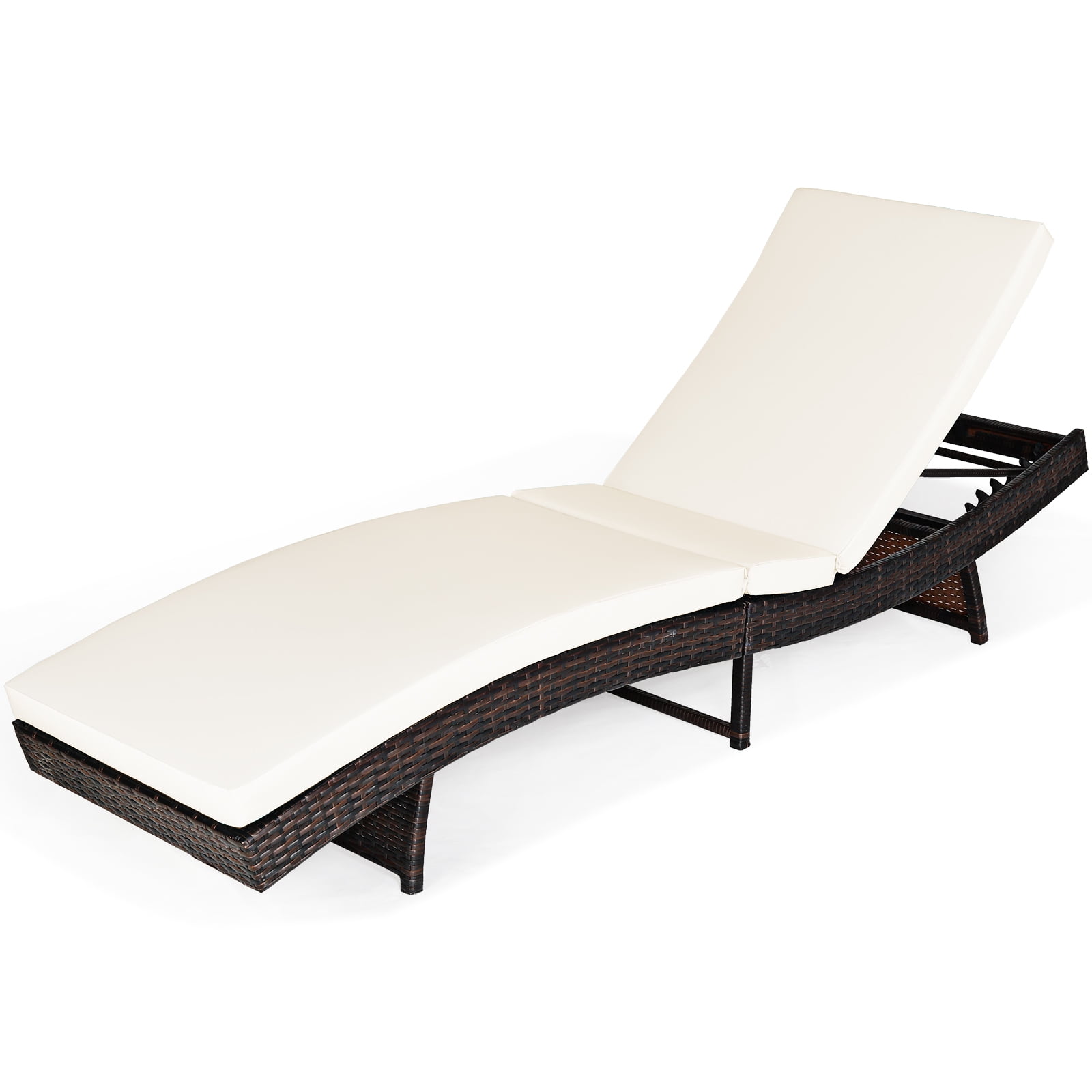 Adjustable White Cushioned Rattan Folding Chaise Lounge Chair