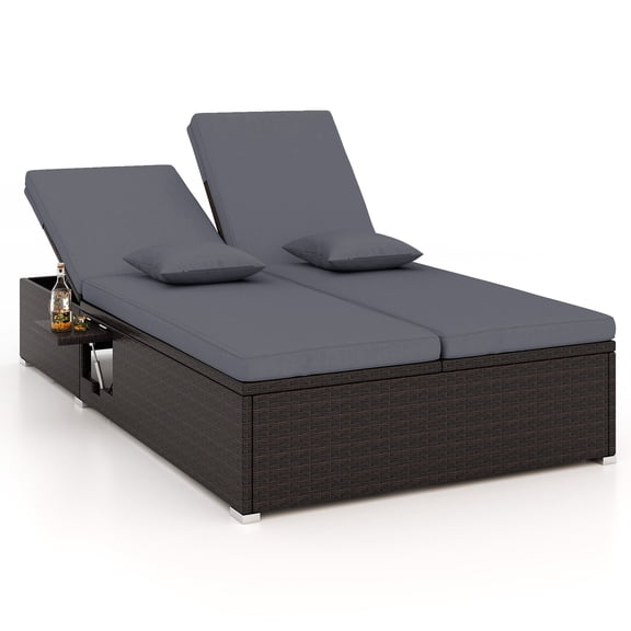 Patiojoy Patio Daybed Double Chaise Lounge Chair with 6-Position Backrests 2 Folding Side Tables 2-Seater Rattan Sun Lounger Gray
