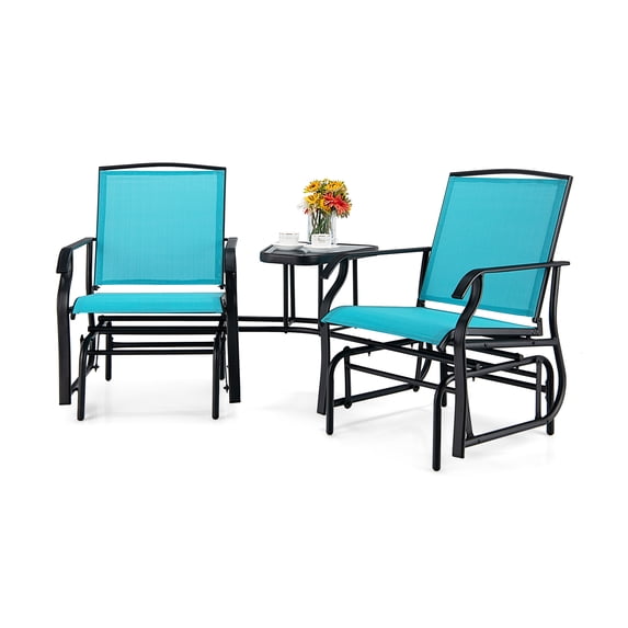 Patiojoy Patio Double Rocking Chair Outdoor 2-Seat Swing Glider Chair W/ Center Table & Umbrella Hole Turquoise