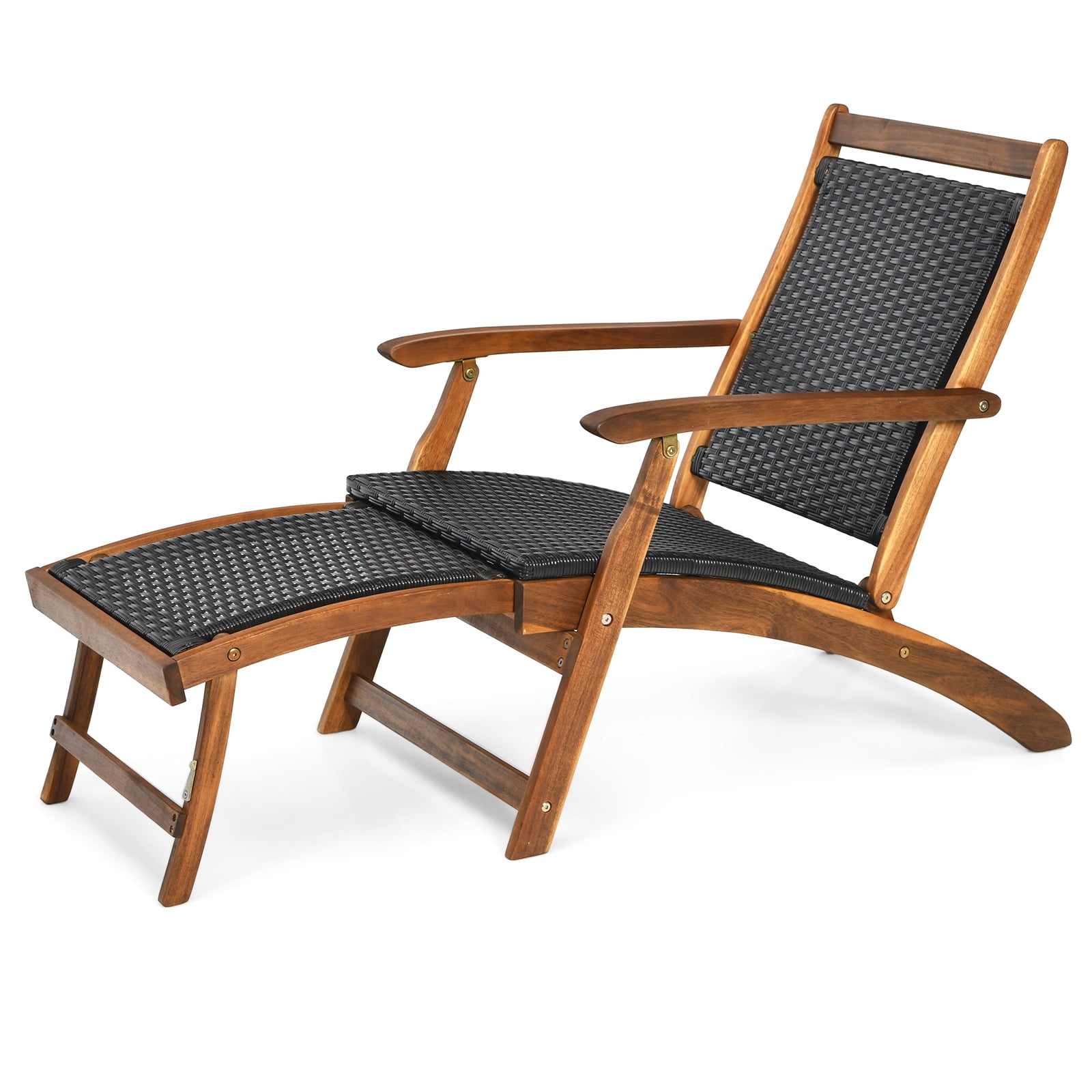 Patiojoy Patio Folding Rattan Chaise Lounge Chair Acacia Wooden Frame W