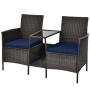 Patiojoy Patio Loveseat 2 Person Cushioned Seats With Center Table Outdoor Rattan Furniture Set Navy