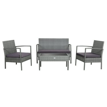 Patiojoy Patio Rattan 4PCS Cushioned Chair Side Table Classic Furniture Set Bistro Set Single Sofa Thick Cushion Loveseat for Garden Grey