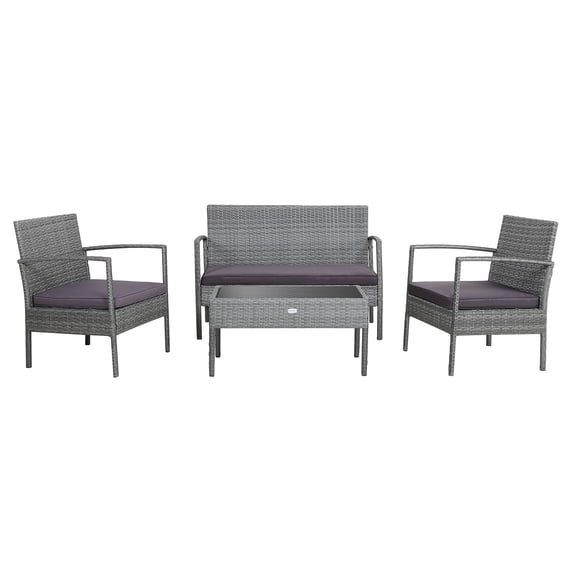 Patiojoy Patio Rattan 4PCS Cushioned Chair Side Table Classic Furniture Set Bistro Set Single Sofa Thick Cushion Loveseat for Garden Grey