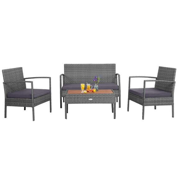 Patiojoy Patio Rattan 4PCS Cushioned Chair Side Table Set Bistro Set Classic Furniture Single Sofa Thick Cushion Loveseat for Garden Gray