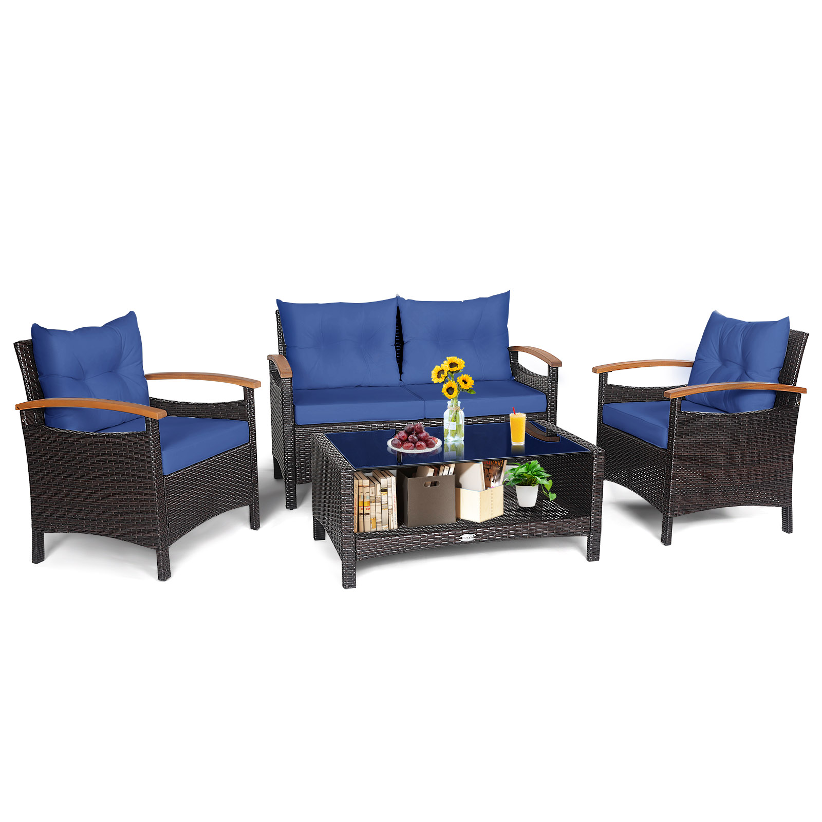Patiojoy Patio Rattan 4PCS Cushioned Chair Side Table Set Bistro Set Classic Furniture Single Sofa Thick Cushion Loveseat for Garden Navy - image 1 of 7