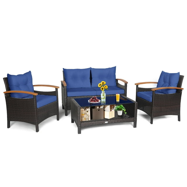 Patiojoy Patio Rattan 4PCS Cushioned Chair Side Table Set Bistro Set Classic Furniture Single Sofa Thick Cushion Loveseat for Garden Navy