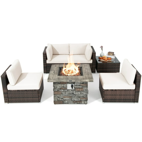 Patiojoy Patio Rattan 6PCS Cushioned Sofa Set Furniture Set Thick Cushion with 34.5" Fire Pit Table for Garden Off White
