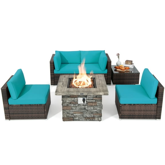 Patiojoy Patio Rattan 6PCS Cushioned Sofa Set Furniture Set Thick Cushion with 34.5" Fire Pit Table for Garden Turquoise