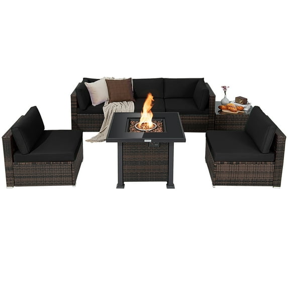 Patiojoy Patio Rattan 7PCS Cushioned Chair Set Furniture Set Thick Cushion w/ 50,000 BTU Propane Fire Pit Table for Garden Black