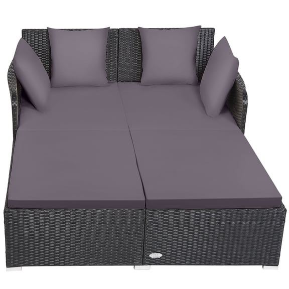 Patiojoy Patio Rattan Daybed with 4 Pillows Cushioned Sofa for Outdoor Grey