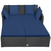 Patiojoy Patio Rattan Daybed with 4 Pillows Cushioned Sofa for Outdoor Navy