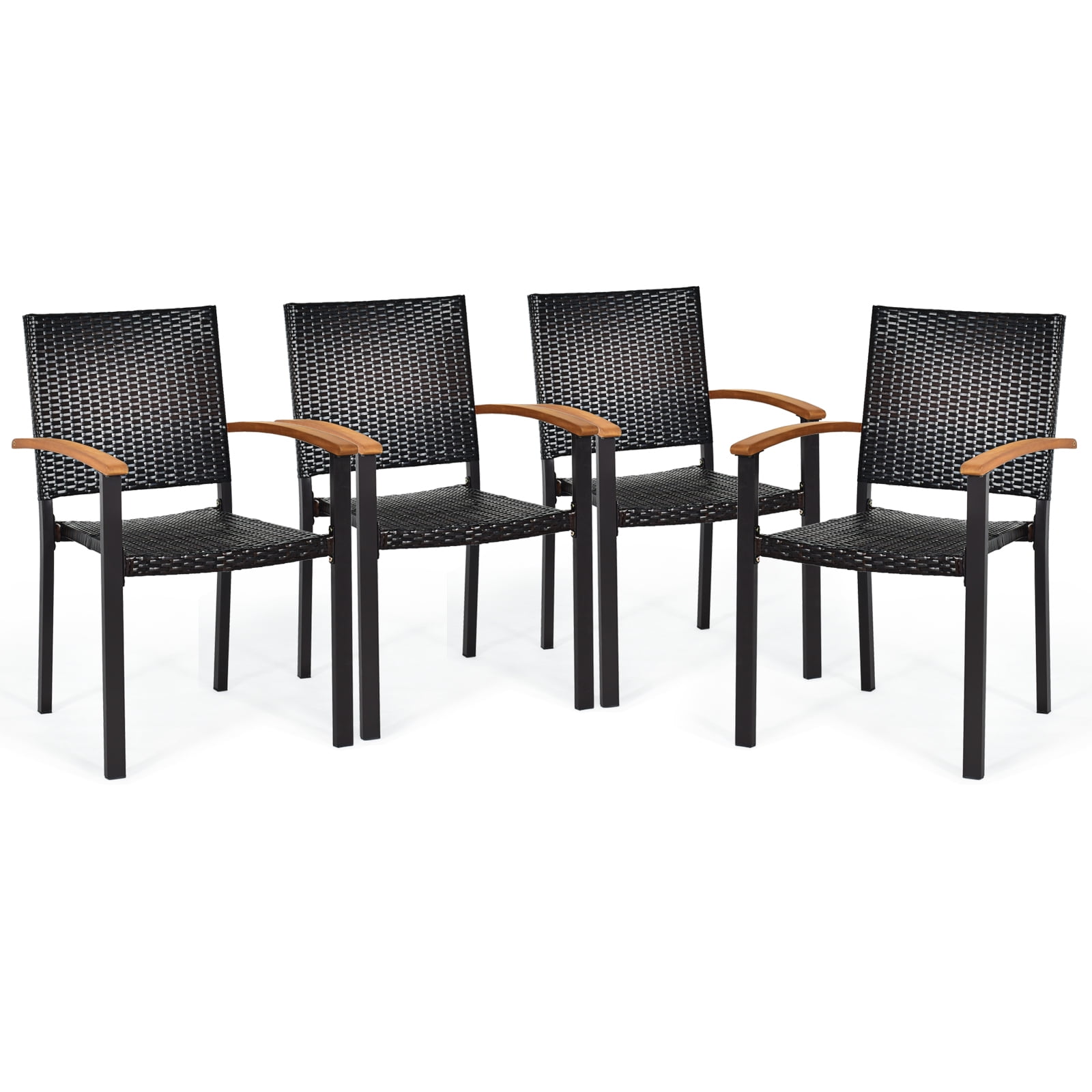 Black Wicker and Acacia Wood Stackable Outdoor Dining Chairs, Set of 4