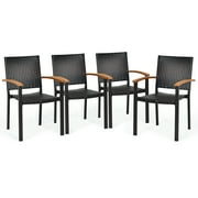 Patiojoy Patio Rattan Dining Armchair 4 مجموعة من Wicker Chair W / Steel Frame Acacia Armrests Indoor &amp; Outdoor