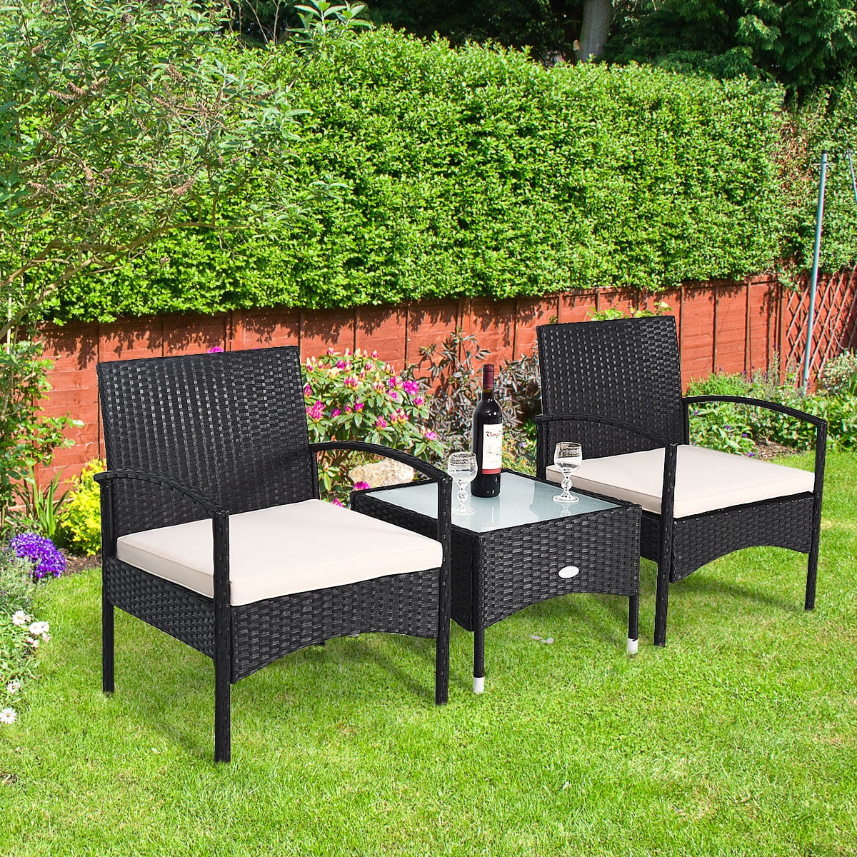 Patiojoy Rattan Table And Chairs Set Wicker Furniture Set of 3 Black