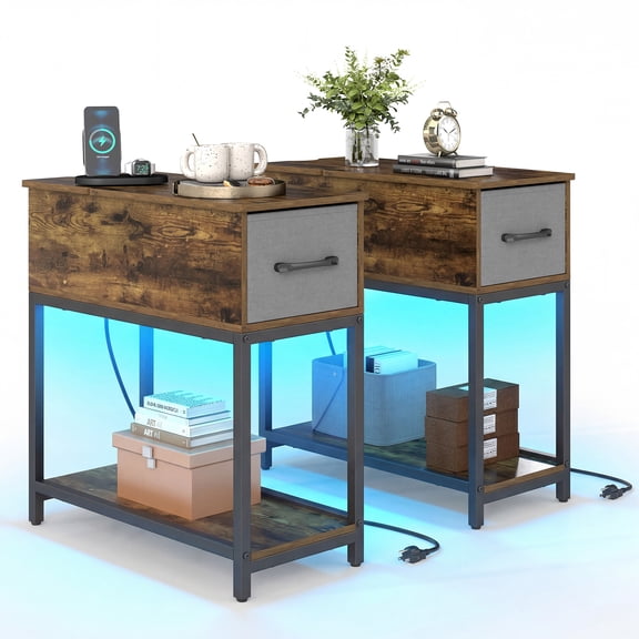 Patiojoy Set of 2 Narrow Side Table with Charging Station End Table with LED Lights