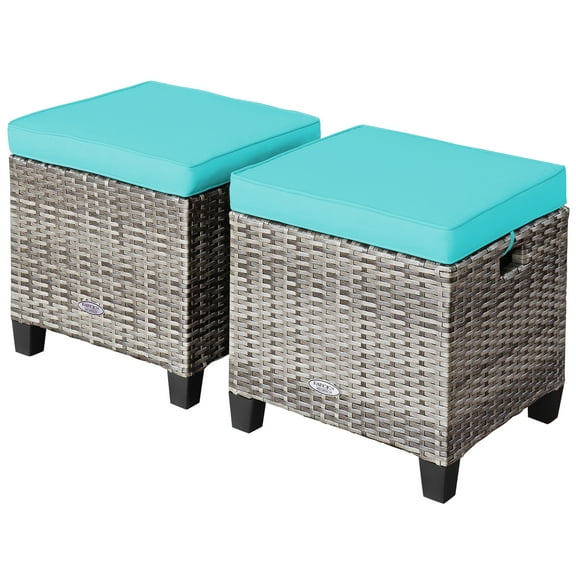 Patiojoy Set of 2 Outdoor Rattan Cushioned Ottoman Seat All Weather Patio Footrest Turquoise