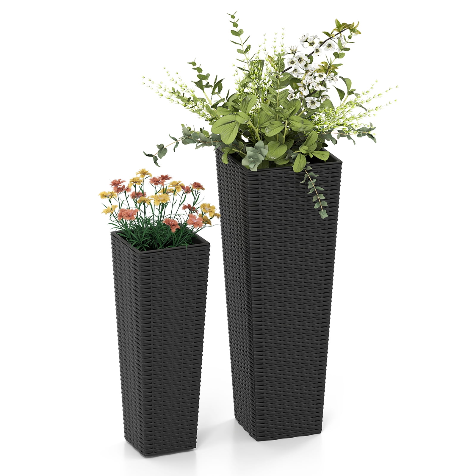 Patiojoy Set of 2 Planters for Outdoor Plants Tall Tapered Plants w/Inner Trays Drainage Holes Black