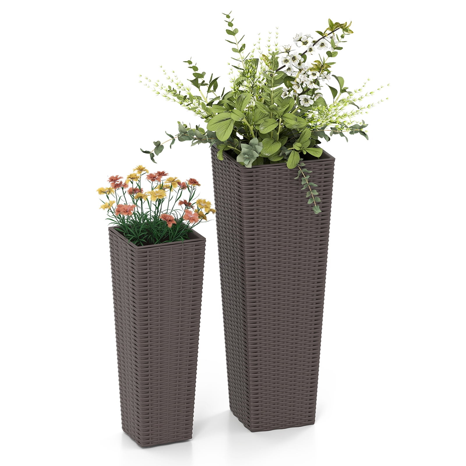 Patiojoy Set of 2 Planters for Outdoor Plants Tall Tapered Plants w/Inner Trays Drainage Holes Coffee