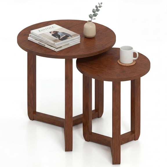 Patiojoy Set of 2 Round Nesting Coffee Tables Wooden End Table Set with Thickened Tops & Solid Rubber Wood Legs Walnut