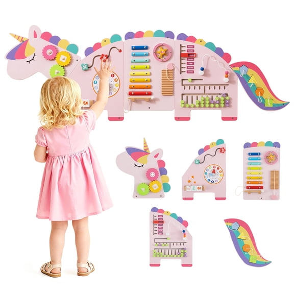 Patiojoy Unicorn Activity Wall Busy Board 11-in-1 Wall-mounted Wooden Sensory Wall Panels Pink