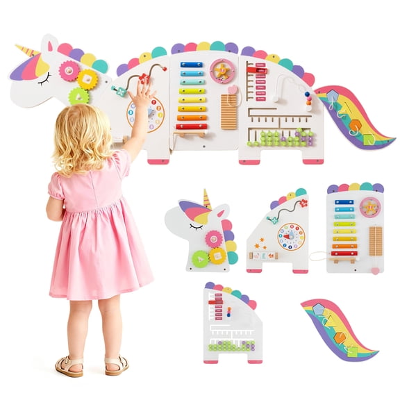 Patiojoy Unicorn Activity Wall Busy Board 11-in-1 Wall-mounted Wooden Sensory Wall Panels White