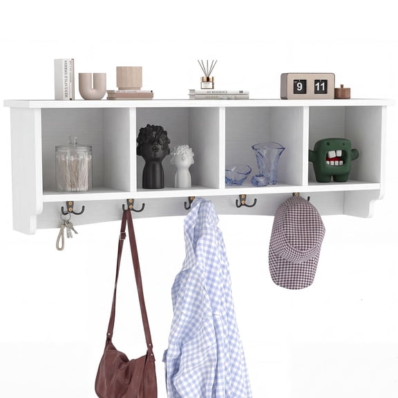 Patiojoy Wall Mounted Coat Rack with Shelf Rustic Entryway Organizer with 4 Cubbies & 5 Dual Hooks for Hats White
