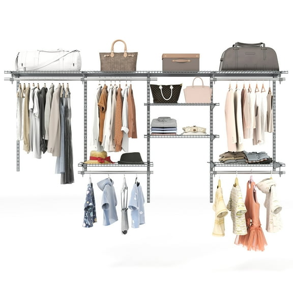 Patiojoy Wire Closet Organizer System Wall-mounted Custom Closet Kit w/Adjustable Storage Shelves Gray