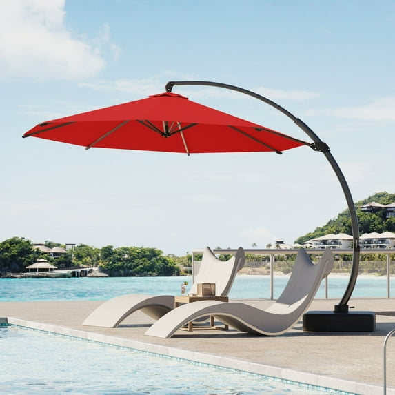 Patiokingdom 11 ft. Offset Cantilever Patio Umbrella with Base Included, Large Square Aluminum Outdoor Umbrella, Red