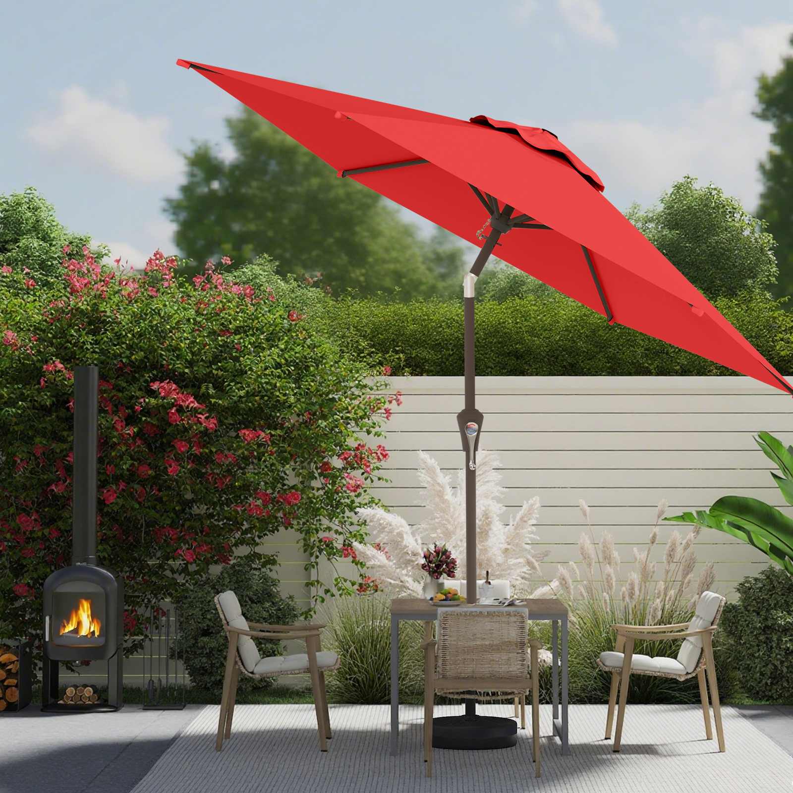 9 ft market patio umbrella pink Terrace Arc Scalloped Fringe Half with Crank, Tilt Button and UV Protection Coral Pink/Brown Pole UV protection is provided through a durable 180G polyester canopy that is made to diffuse sunlight Outdoor Patio Market Umbrella with