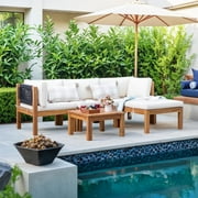 Patio prestige 5 Pieces Acacia Wood Patio Conversation Set Rope Woven Outdoor Sectional Sofa with Table and Cream Cushions