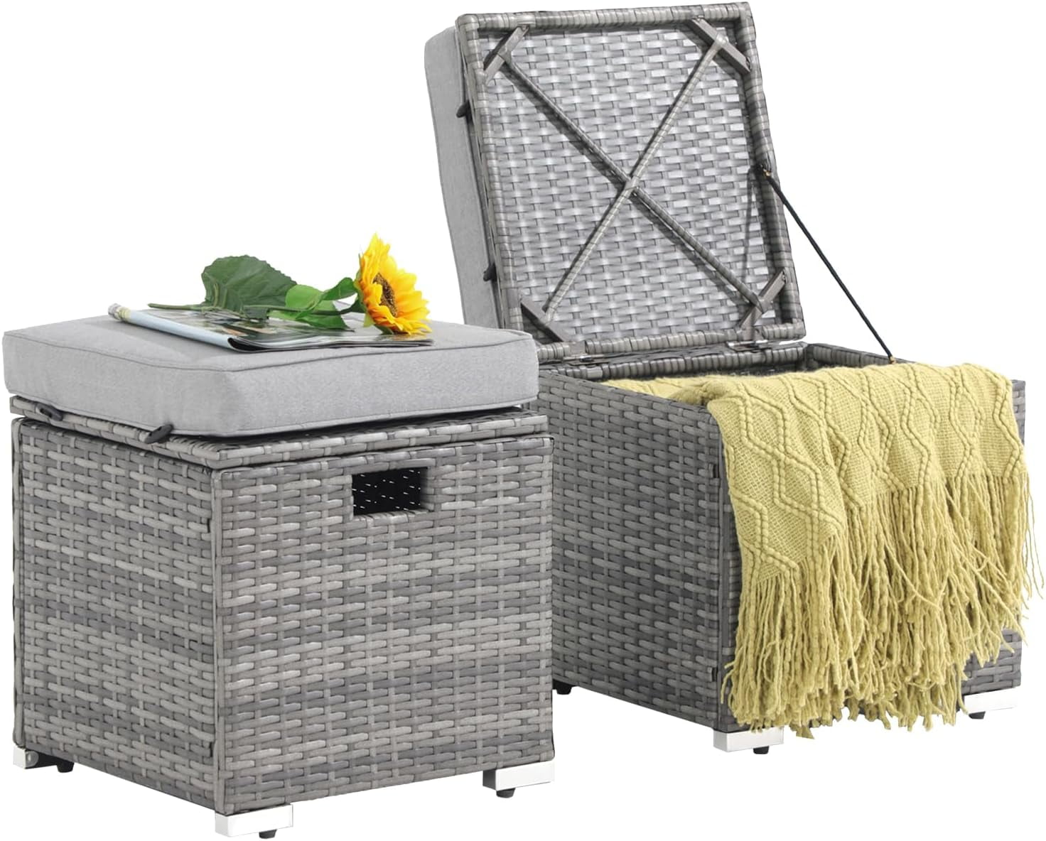 Patiorama 2 Piece Outdoor Patio Ottomans,All-Weather Grey PE Rattan ...