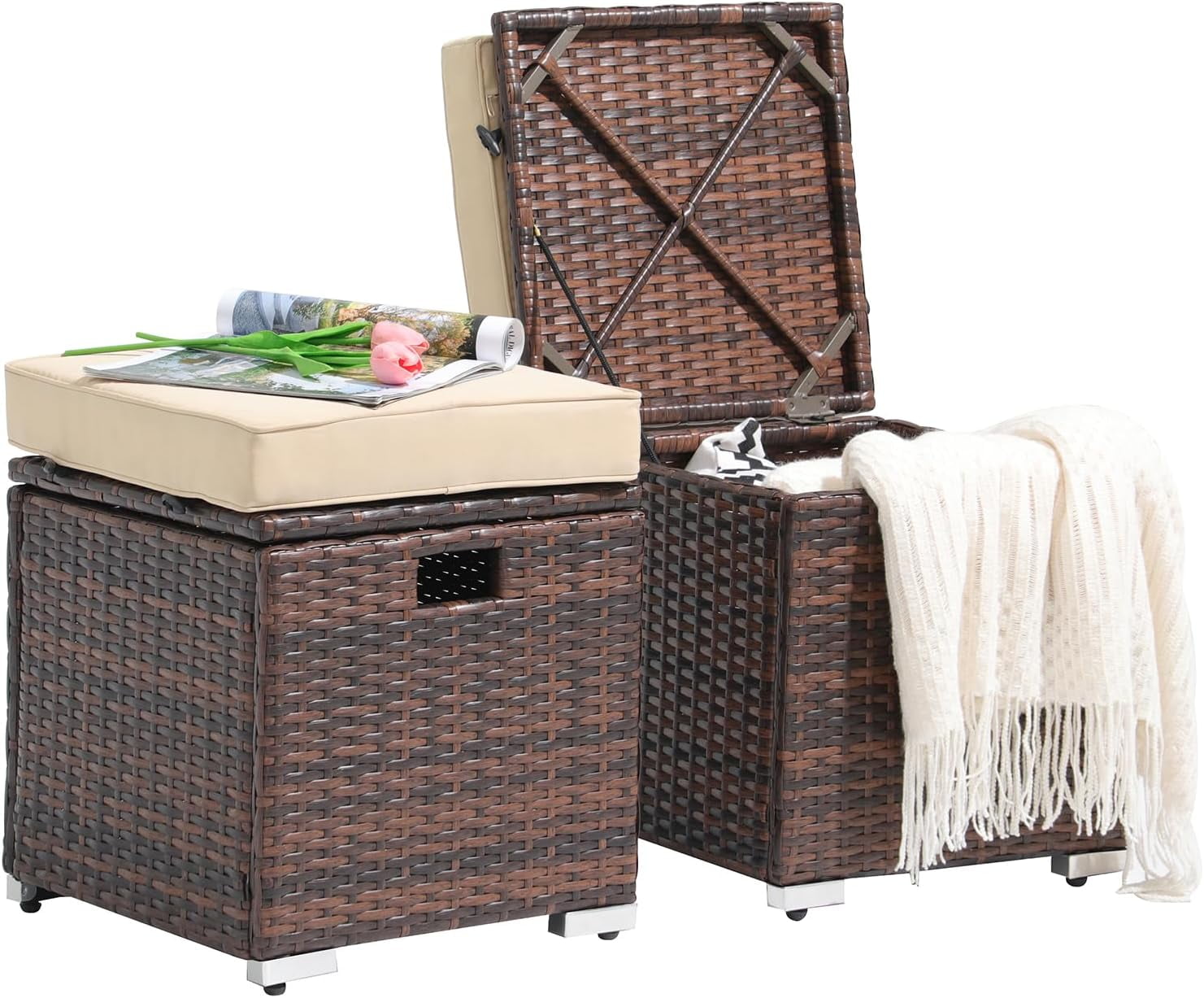 Patiorama 2 Piece Outdoor Patio Ottomans,All-Weather Grey PE Rattan ...