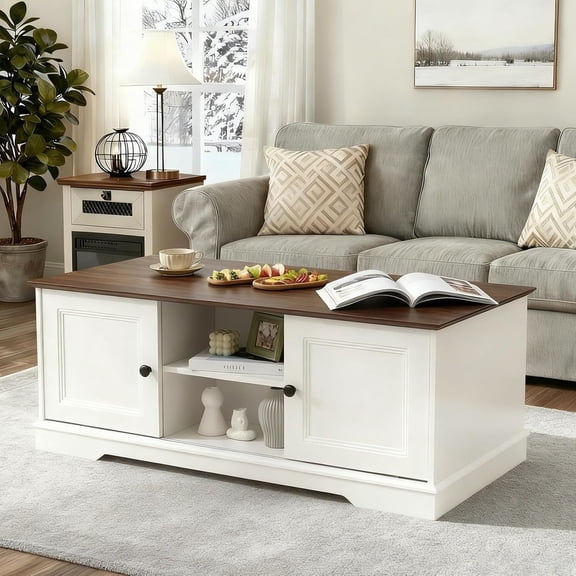 Patiorama 48'' Farmhouse Coffee Table with 4 Sliding Barn Doors, Wood Rustic Center Table w/Hidden Storage Compartment & Adjustable Shelf, Wooden Rectangle Coffee Table,Office for Living Room-White