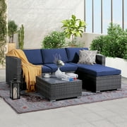 Patiorama 5-Piece Patio Furniture Set, Outdoor Sectional Conversation Set, All-Weather Dark Grey PE Wicker with Navy Blue Cushions, Outdoor Backyard Porch Garden Poolside Balcony