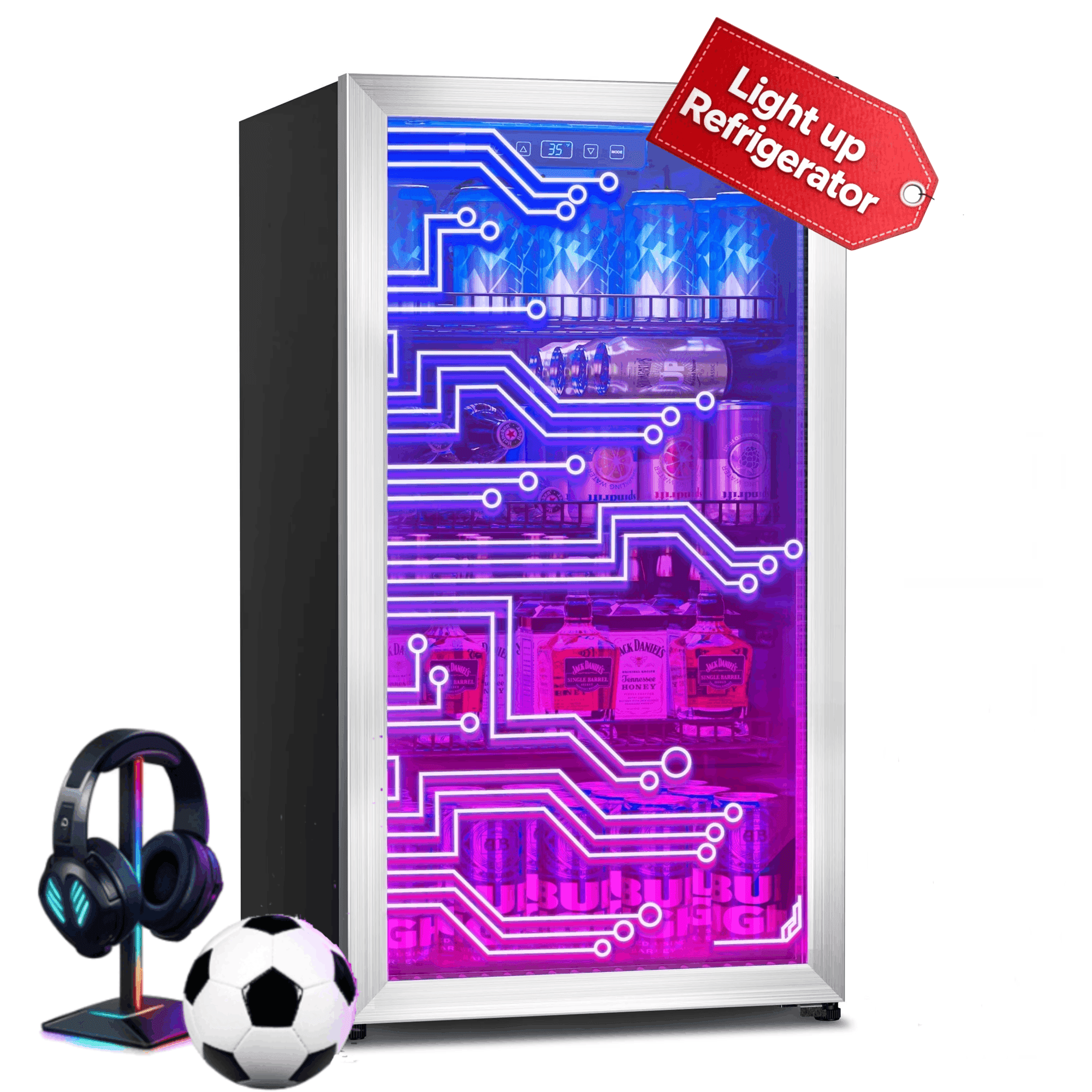 Patiosunny 126 Cans Light up Beverage Refrigerator, LED Lighting Door Freestanding Cooler for Gaming Room, Bar, Party