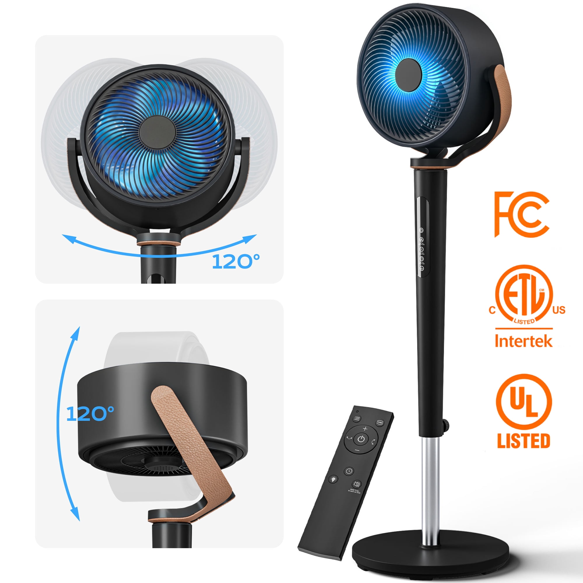 Patiosunny Oscillating Air Circulator Fan with Remote, 120 Automatic 4-Way Oscillation, DC Motor & 16 Speeds & 4 Modes, Night Light, Adjustable Height for Bedroom