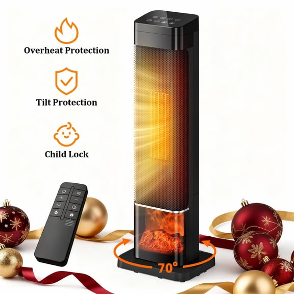 UrbanSync 25" 1500W  Tower Space Heater with 4 Modes, 3D Flame, LED Display, Tower Heater with 70 °Oscillation, 24 Hour Timer and Child Lock, for Living Room, Office, Bathroom (Black)