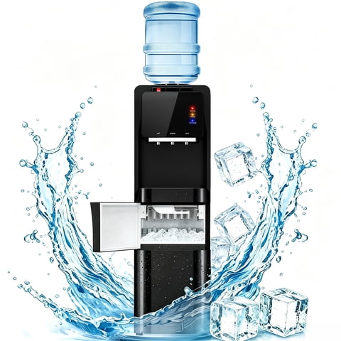 Patiosunny 4-in-1 Water Dispenser with Ice Maker, Hot Cold & Room Temperature Water, Child Lock, Compatible with 3–5 Gallon Bottles for Home Office, Black