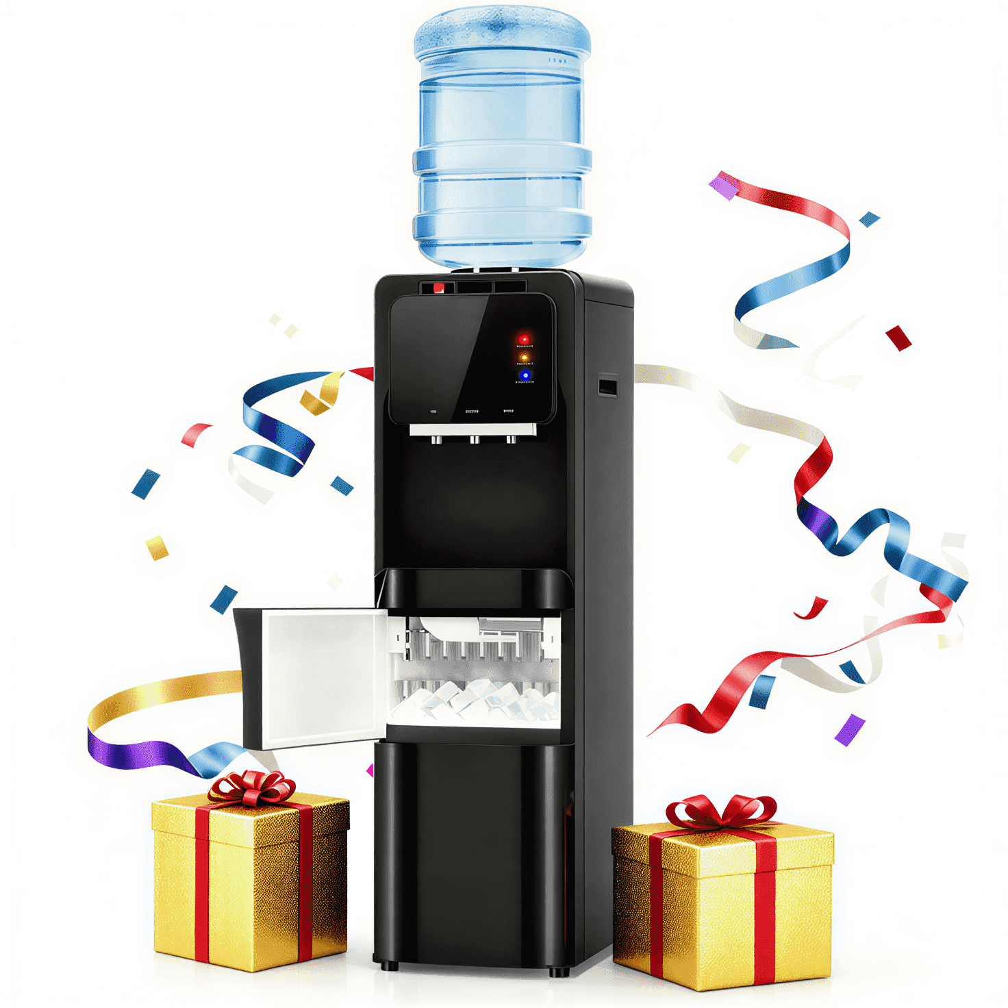 Patiosunny 4-in-1 Water Dispenser with Ice Maker, Hot/Cold/Room Temperature Top-Loading Dispenser, Compatible with 3–5 Gallon Water Bottles, Child Lock, Suitable for Home and Office, Black